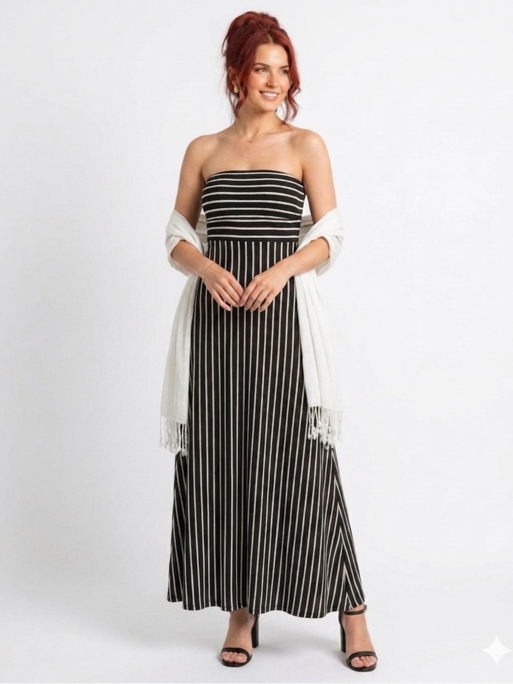 West Kei Strapless Black and White Striped   Summer Maxi Dress